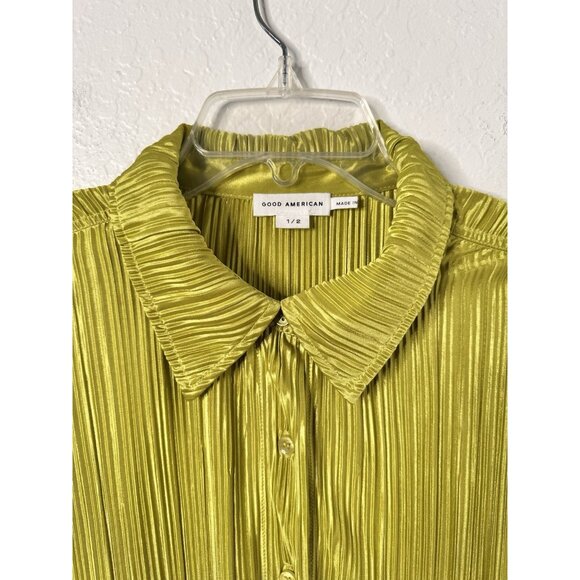 Good American Blouse Shirt Women's Green Kiwi Pleated Long Sleeve Size 1/2 NWT - Picture 4 of 10